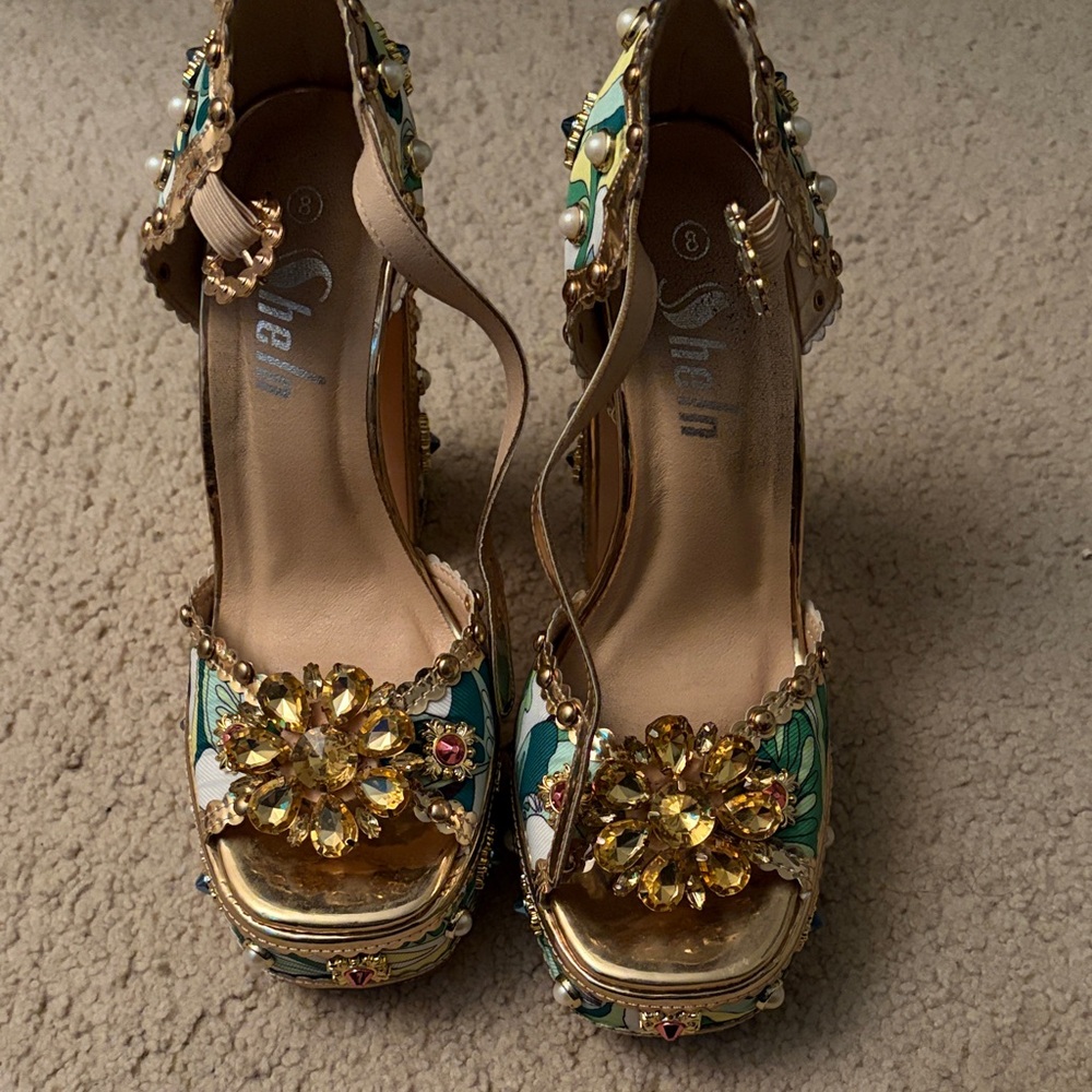 Embellished Floral Teal and Gold Platform Sandals
